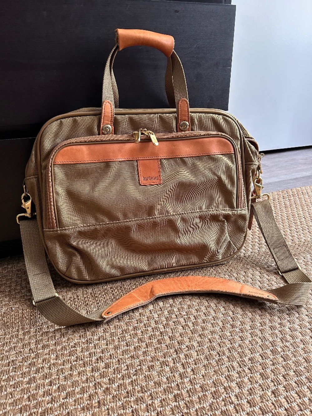 Hartmann EUC sage green ballistic nylon tan leather commuter bag briefcase 16 in